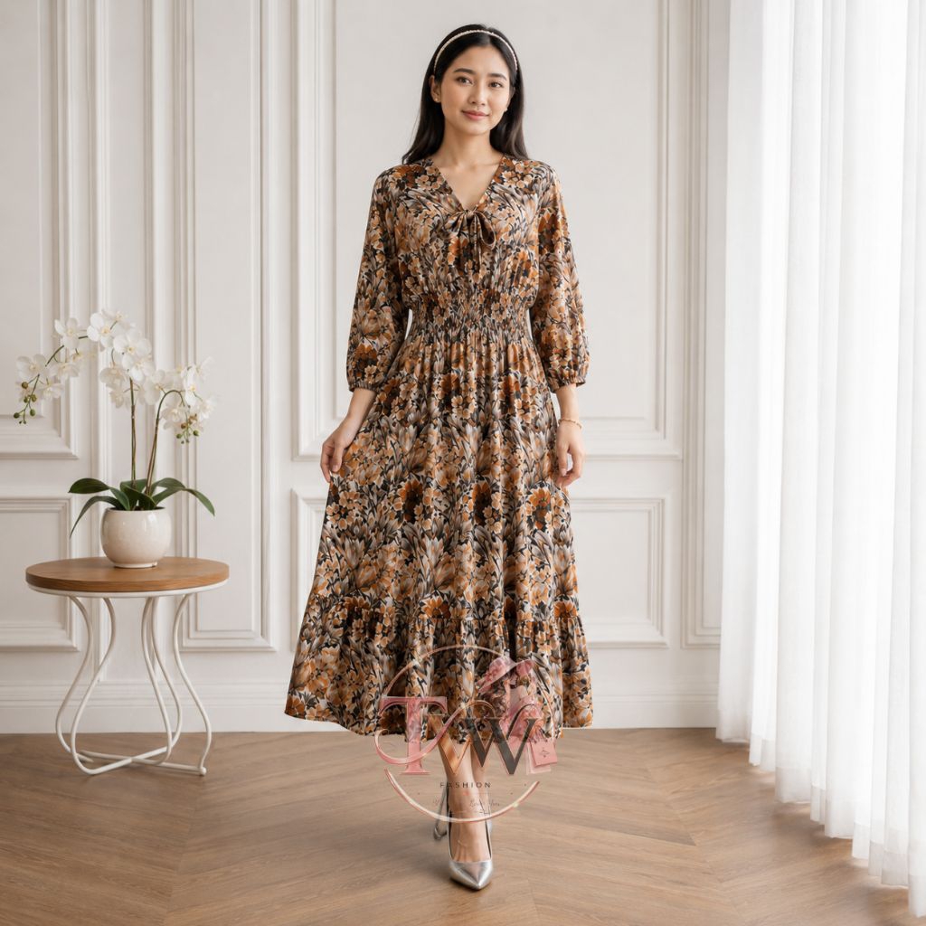 TVW Elara Floral Midi Dress Wanita Premium Motif Bunga Korean Style Maxi Dress Loose Fit