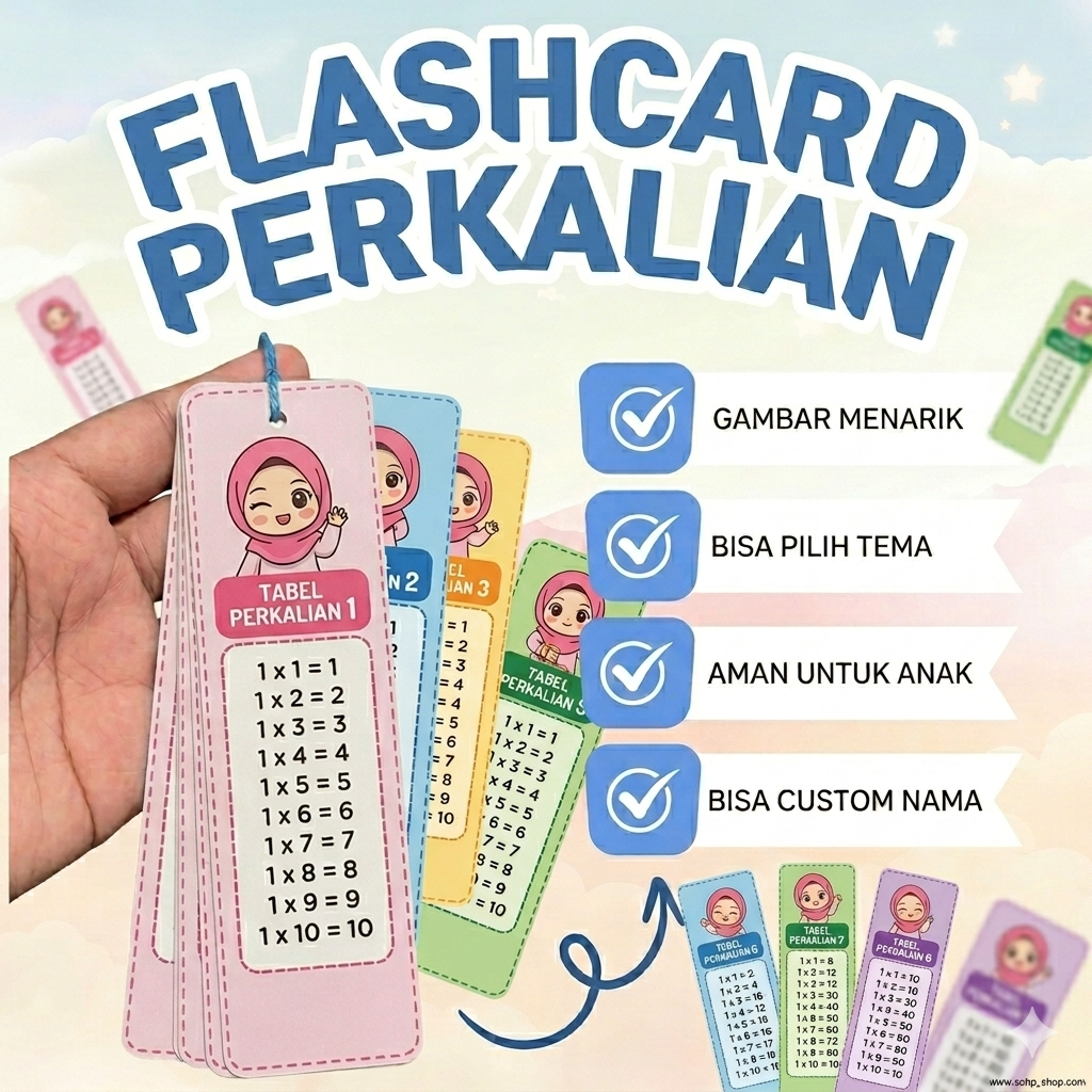 (TEMA CEWEK ) FLASHCARD PERKALIAN ANAK / TABEL PERKALIAN ANAK - COCOK UNTUN ANAK SD - SOUVENIR ULTAH