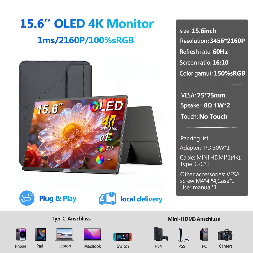 UPERFECT OLED Portable Monitor 15.6inch 3456*2160P 4K UHD 150%sRGB 500 Nits Brightness OLED Gaming D
