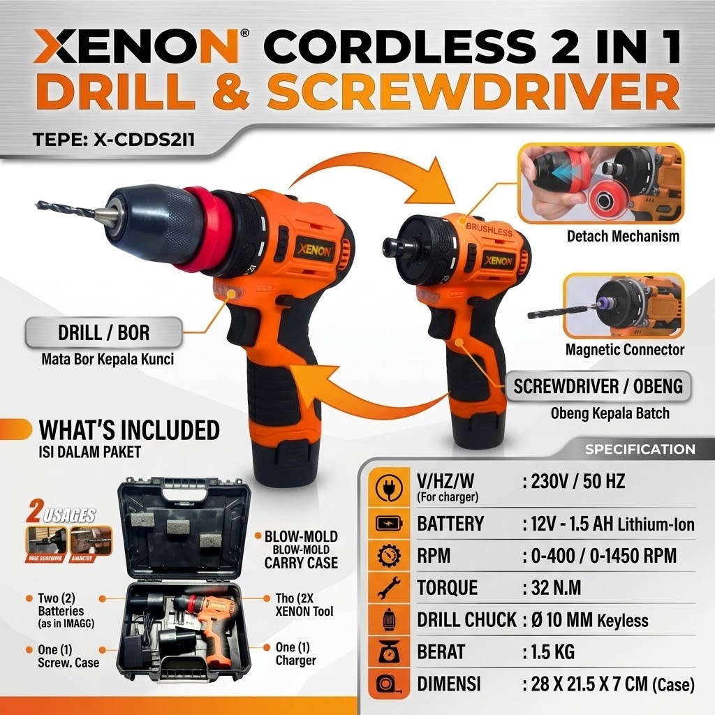 XENON CDDS2I1  Bor 2 in 1 + Obeng Baterai 2 Fungsi BrushlessCordless Drill + Screwdriver