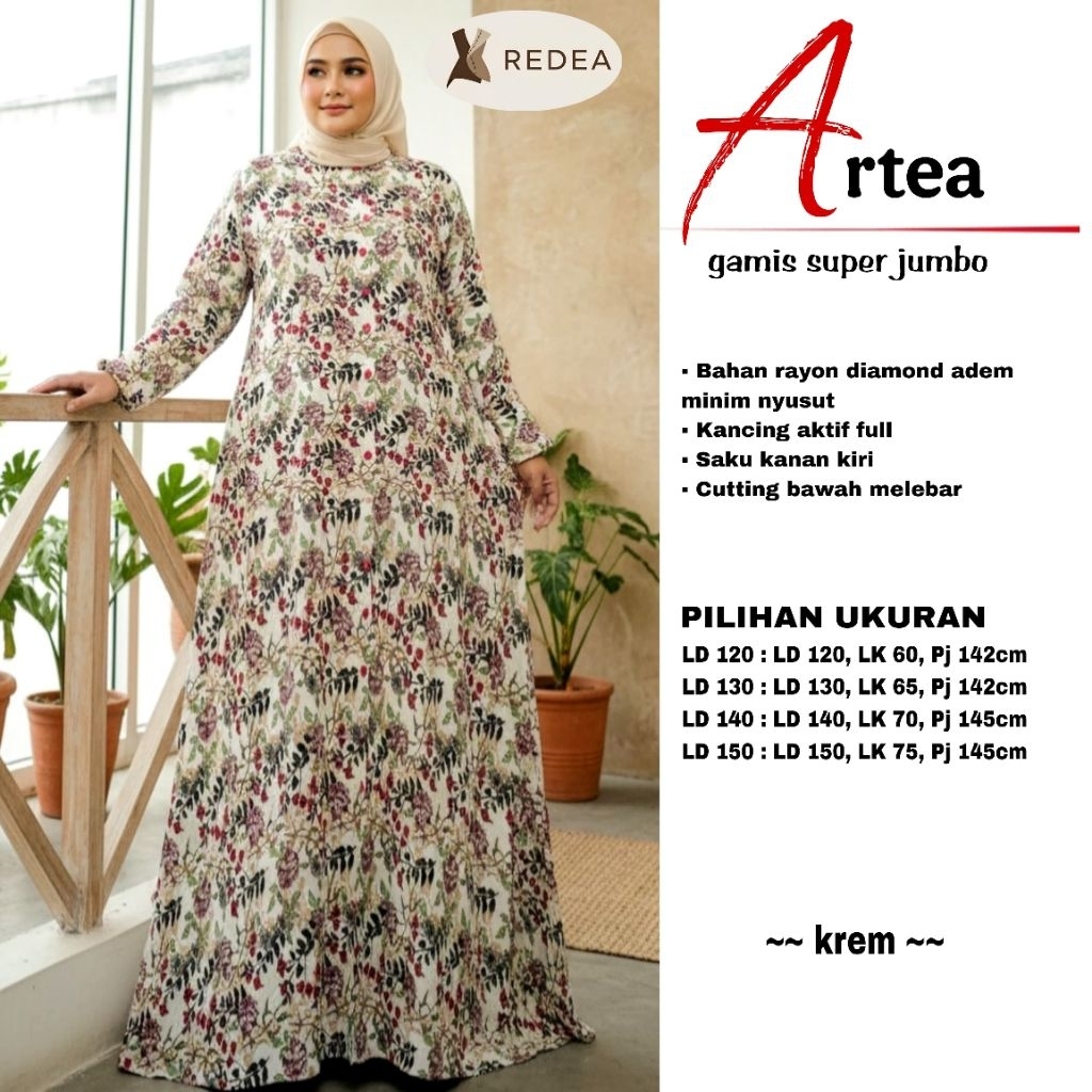 REDEA ARTEA Gamis Rayon Super Jumbo LD 120 130 140 150   dengan Kancing Aktif  Busui Saku Kanan Kiri