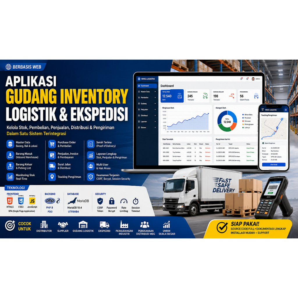 Aplikasi Gudang Inventory Logistik & Ekspedisi Berbasis Web | PHP & MariaDB | Source Code Full