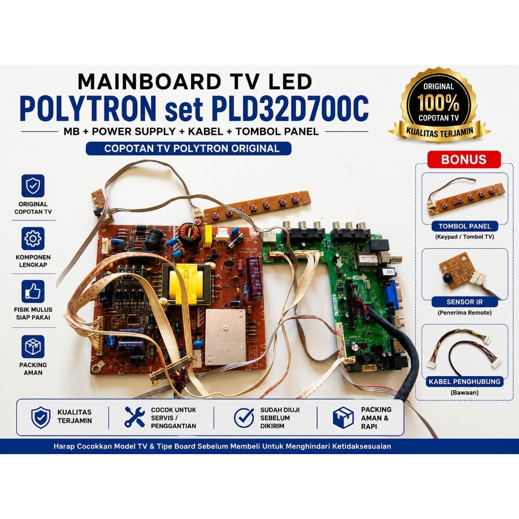 Mainboard TV LED Polytron PLD32D700C Set Lengkap + Power Supply PSU Original | Sparepart TV Polytron