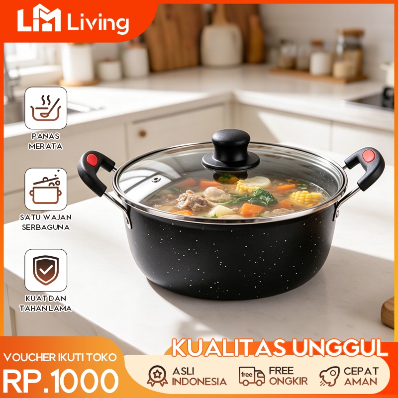 L.M Living – Panci Kuah Enamel Anti Lengket 24cm & 22cm – Panci Kuping dengan Tutup Kaca – Untuk Mas