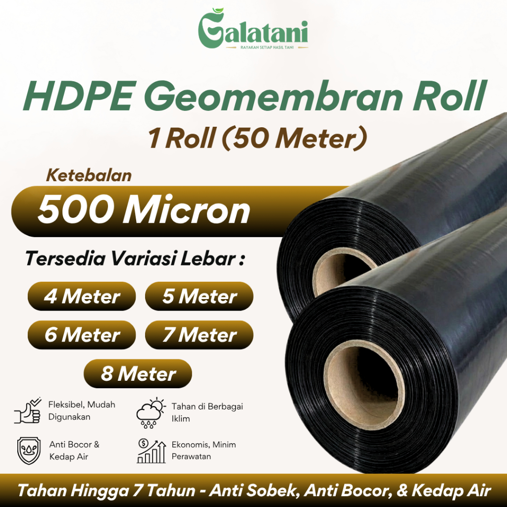 Plastik HDPE Geomembran 1 Roll Tebal 500 Mikron – Lebar 4 / 5 / 6 / 7 / 8 Meter