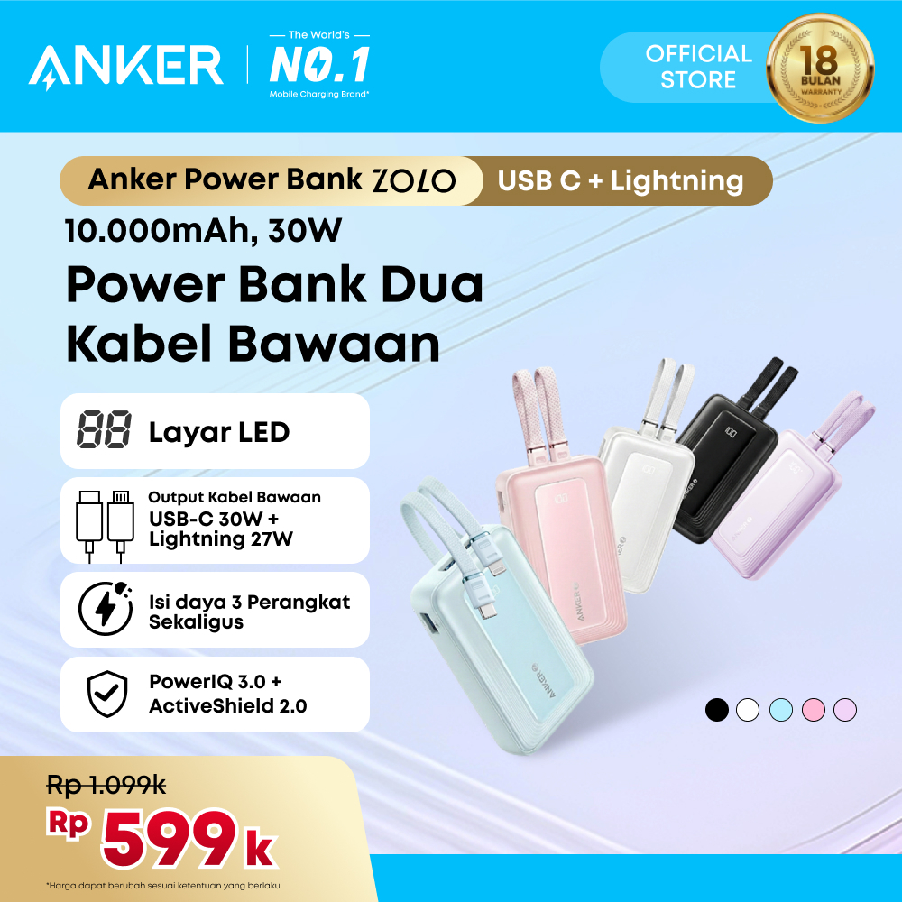 Anker Zolo Power Bank 10.000mAh 30W Max Fast Portable Charger with Built-in USB-C and MFi Certified 
