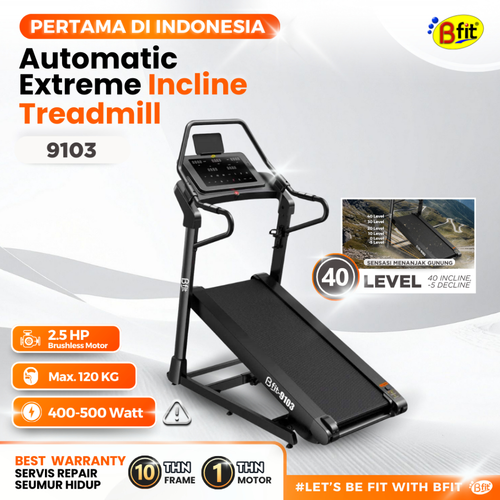 Treadmill Elektrik BFIT TM 9103 – 40 Level Auto Extreme Incline | Alat Fitness Rumah