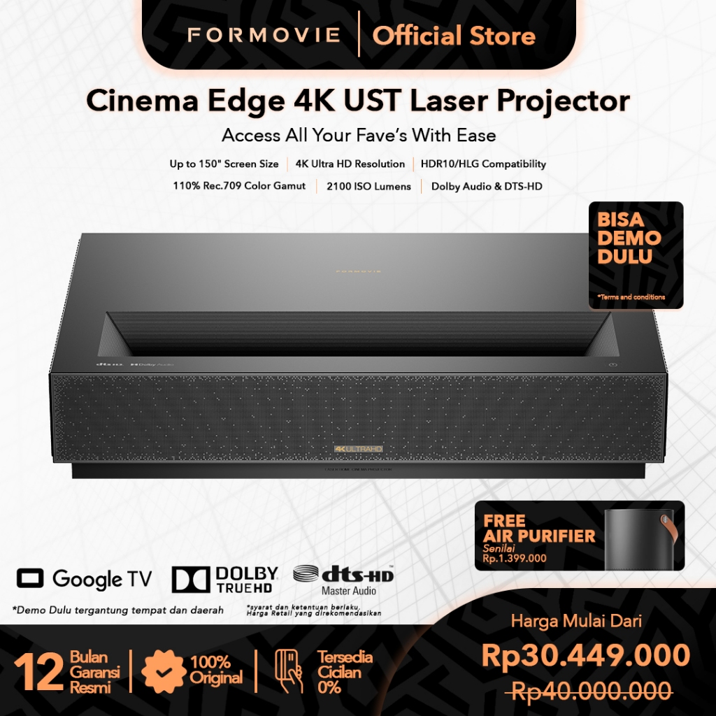 Formovie Cinema Edge Laser Smart Projector 4K UST 2100 ISO Lumens Native Ultra Short Throw projector