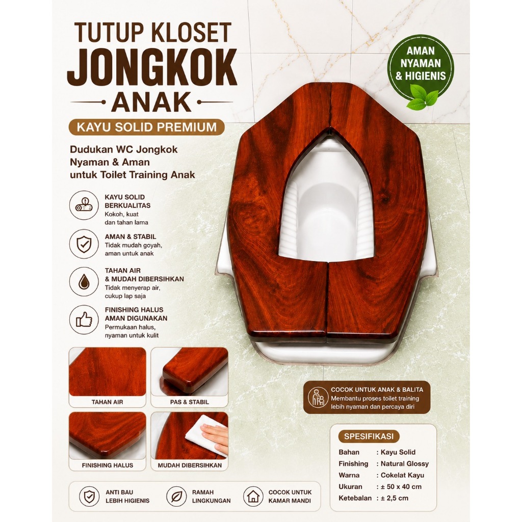 Tutup Kloset Jongkok Anak Kayu Solid Premium | Dudukan WC Jongkok Balita Toilet Training Aman Nyaman