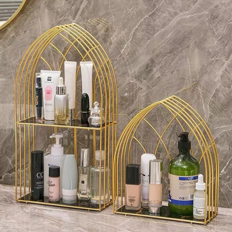 Rak Kosmetik Gold SS304 Kaca Marble Hitam & Putih / Rak Kamar Mandi Kaca Marble