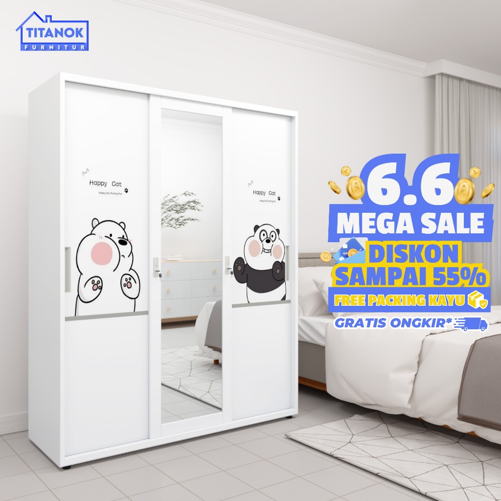 Titanok Official Lemari Pakaian Besi 3 Pintu Sliding Jumbo - 150cm 2 Batang Rak Baju