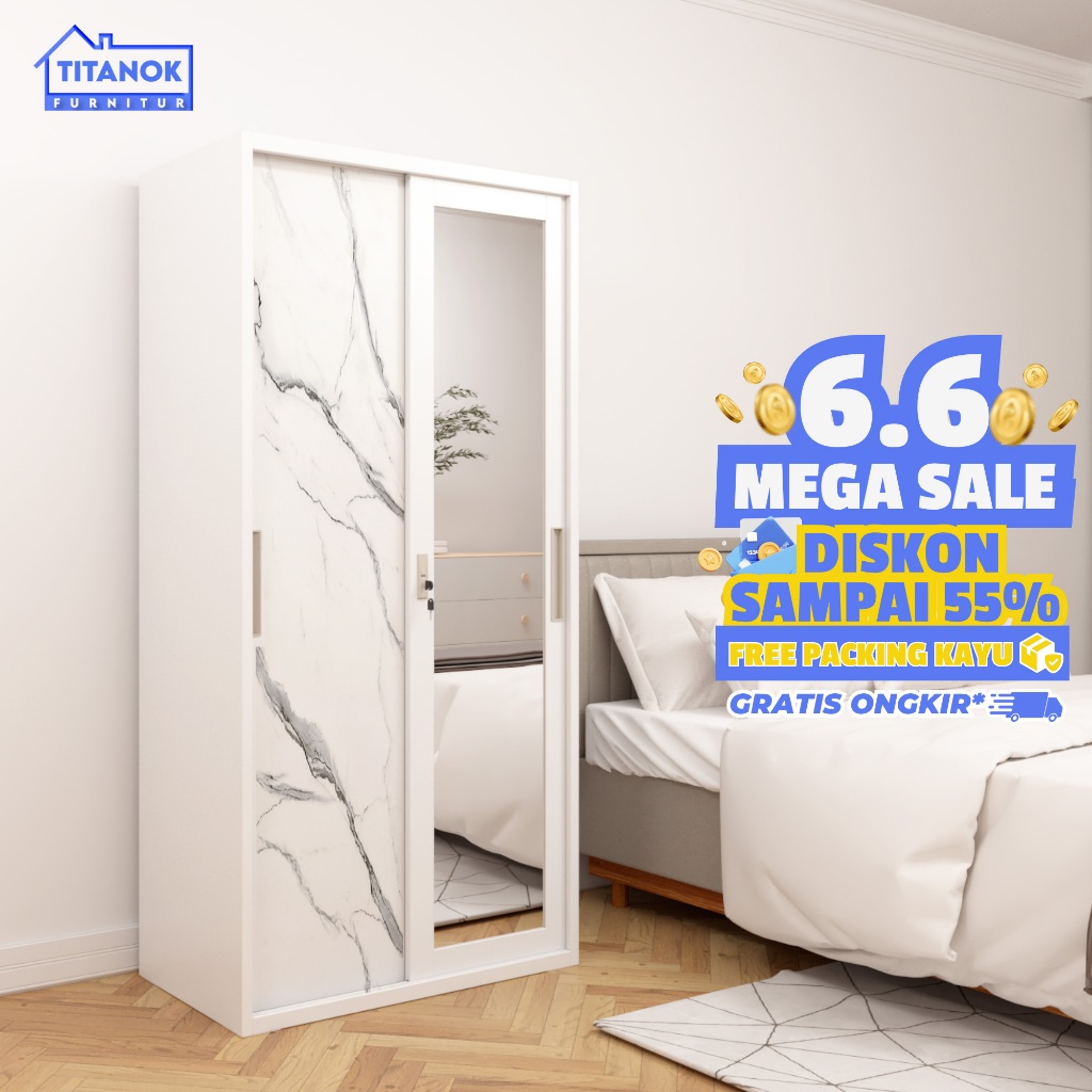 (Promo besar)Titanok Official Lemari Pakaian 2 Pintu Besi Sliding Cermin 2 pintu 90/120cm
