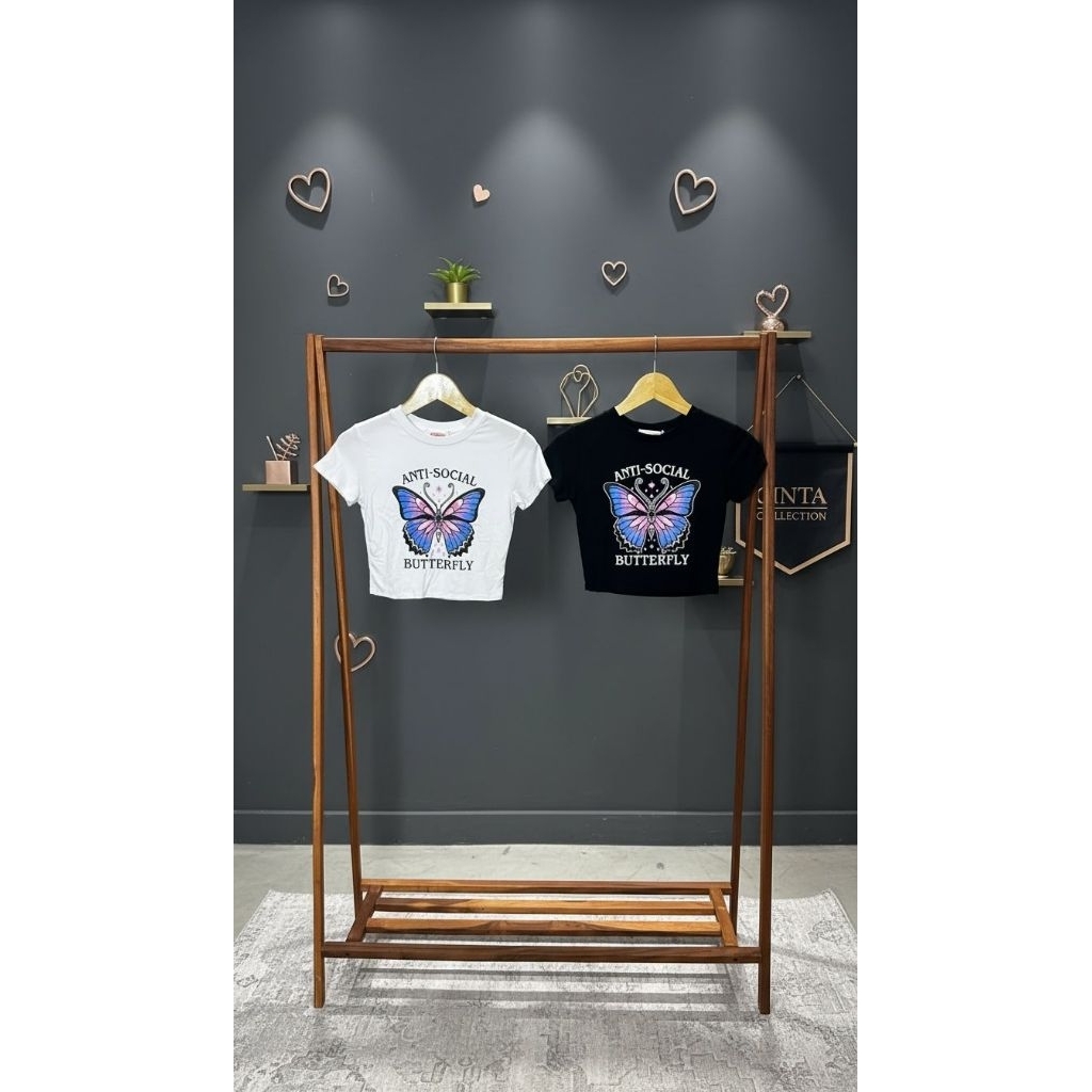 Baju Kaos Wanita Crop Atasan Design Kupu-Kupu