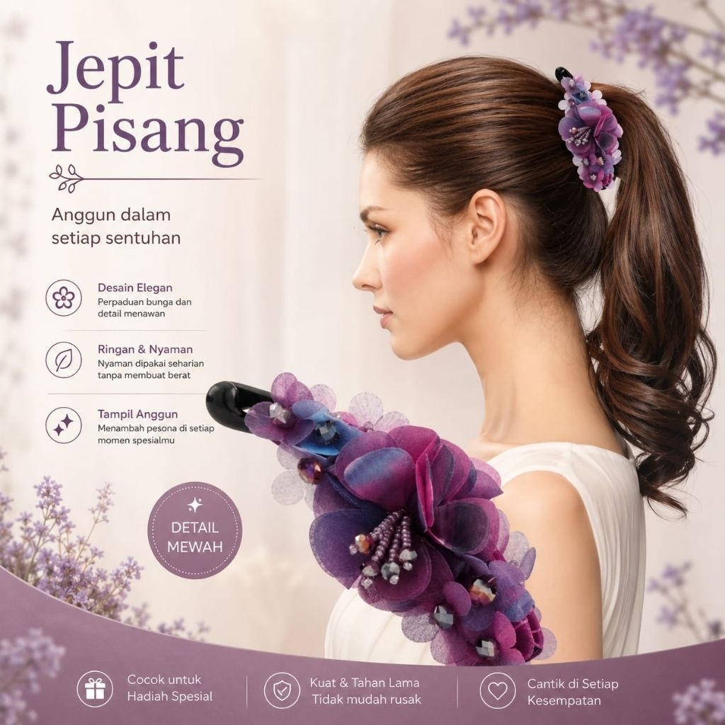 Jepit Pisang Korean Style/Jepit/Jepit Pisang Premium Motif Bunga Manik Kristal