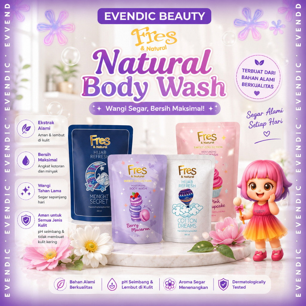 Fres & Natural Body Wash 400ml Sabun Mandi Cair Refill Pouch | Evendic Beauty