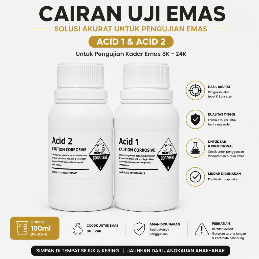 Cairan Uji Emas Acid 1 & Acid 2 100ml | Tester Emas untuk Cek Kadar & Keaslian Emas