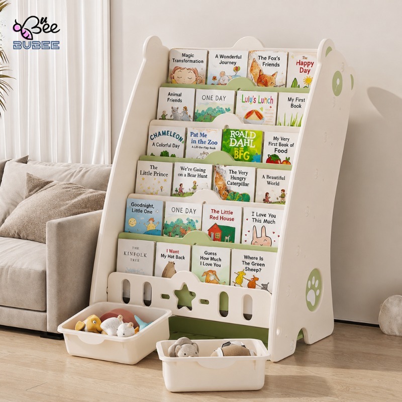 BUBEE RAK BUKU ANAK UKURAN BESAR 7 SUSUN PUTIH BEAR/BERUANG DISPLAY BOOKSHELFT/TEMPAT PENYIMPANAN MA