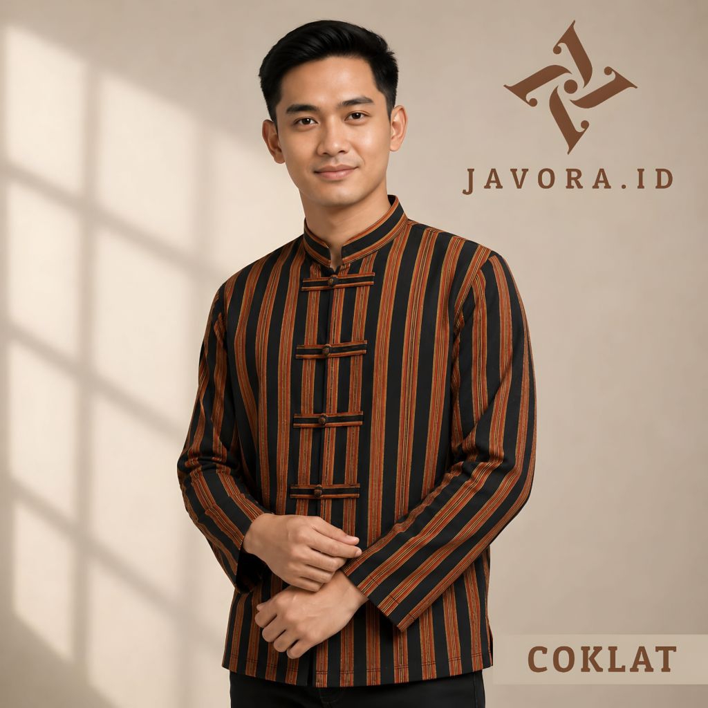 Javora - Surjan Koko Shanghai Pria Dewasa Atasan Surjan Koko shanghai Tenun Lurik Coklat Eksklusif