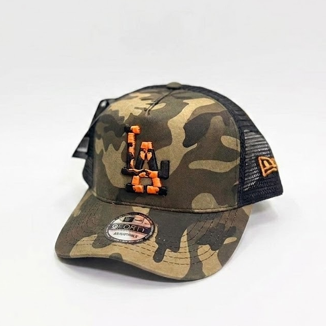 Topi Jaring LA Loreng Camo Orange Hitam Premium / Topi Trucker New Era 9FORTY Los Angeles Baseball C