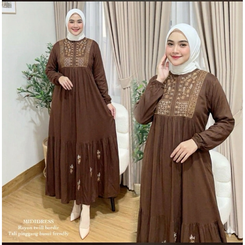 Hunna Klamby Shella Bordir Midi Dress Twill Bordir