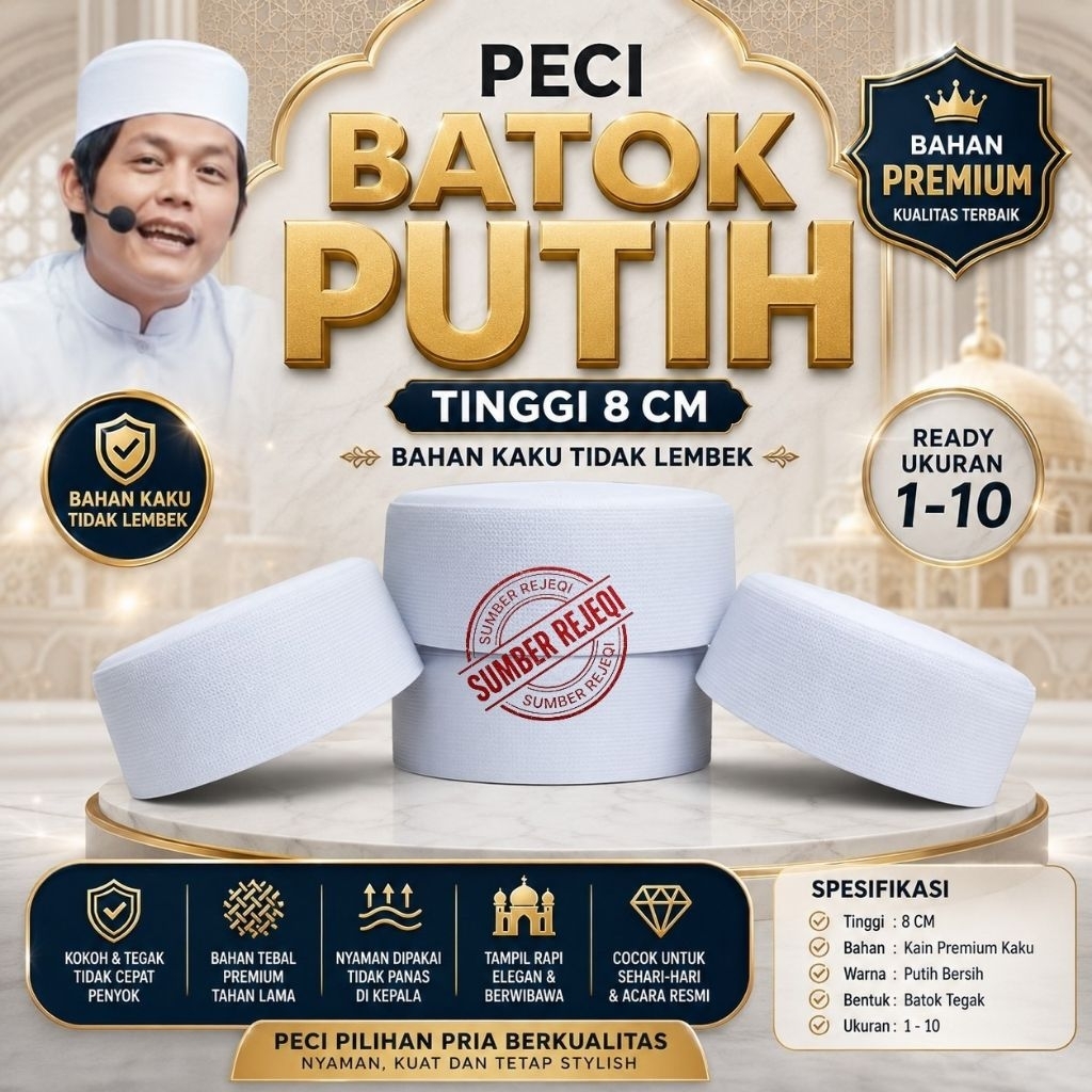 Peci Putih Songkok KALBUT PUTIH Peci Gus Iqdam  kopiah assagofah hitam no 1-10 Kopiah Hitam Kopyah H