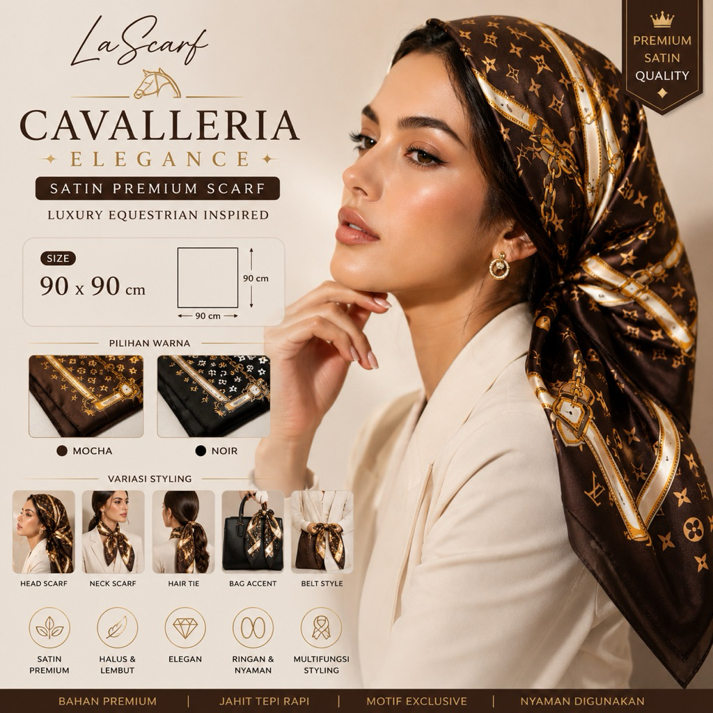 LaScarf Cavalleria Scarf Satin Premium 90x90 cm | Square Scarf Motif Equestrian Chain Belt | Hijab S