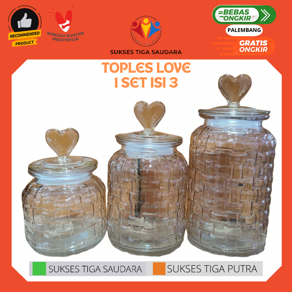 SET TOPLES HATI 1 SET ISI 3 MOTIF RANDOM | GELOK / WADAH KUE KERING / PERMEN / SNACK | BAHAN KACA TE