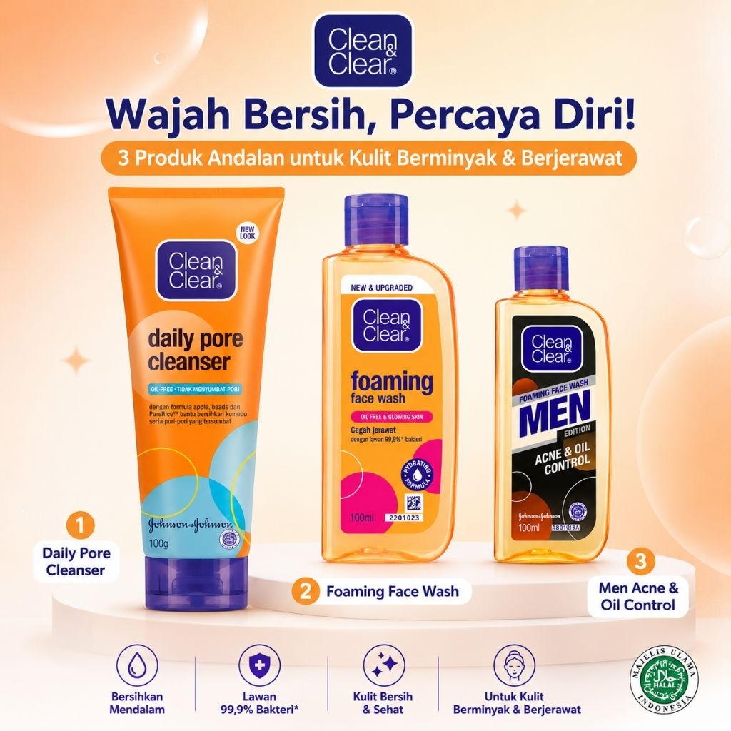 Clean & Clear Foaming Face Wash Men 100ml 50ml - Clean N Clear Acne & Oil Control CNC Sabun Cuci Muk