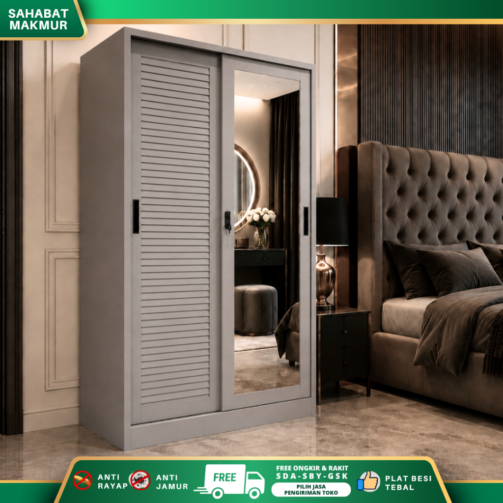 Lemari Pakaian Besi 2 Pintu Sliding 120 JUMBO, Lemari Baju Full Besi, Metal Wardrobe Sliding