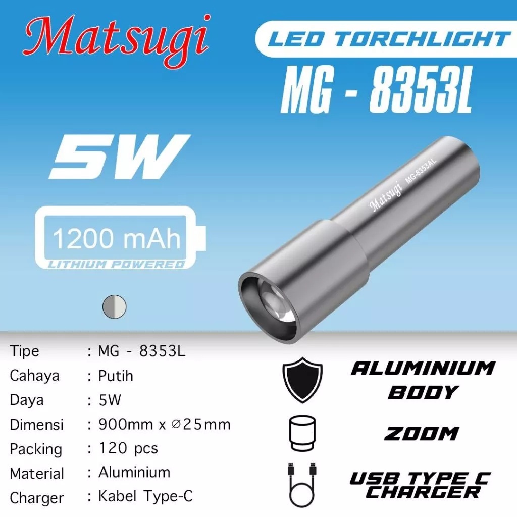 GrosirDotCom - Matsugi Senter LED Torchlight MG-8353L 5W 1200mAh Aluminium Body Zoom USB Type C Char