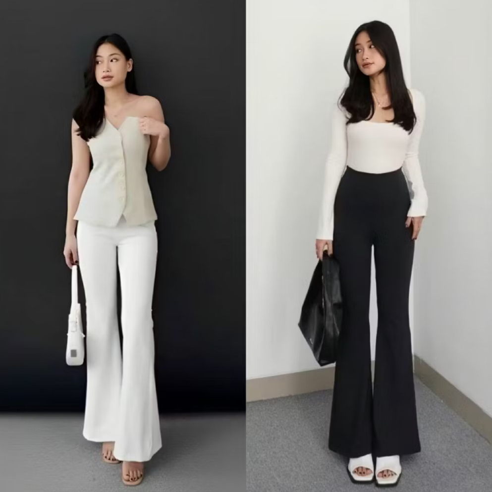 Celana Fit And Flare Pants Cutbray Scuba Pinggang Highwaist Bahan Stretch Melar Elastis Kulot Cutbra