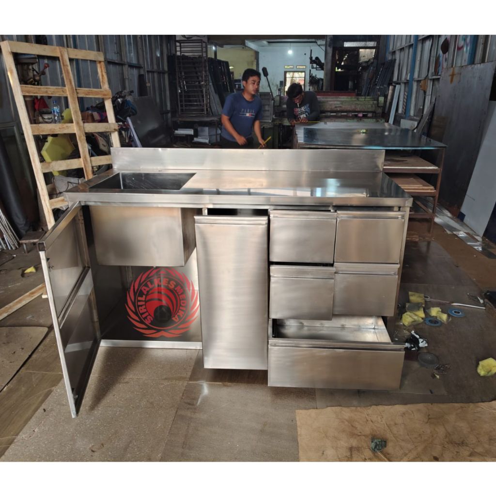 Meja cabinet stainless/Meja cabine/Meja cabinet sink/Meja cabinet dengan rak piring/Meja cabinet sta