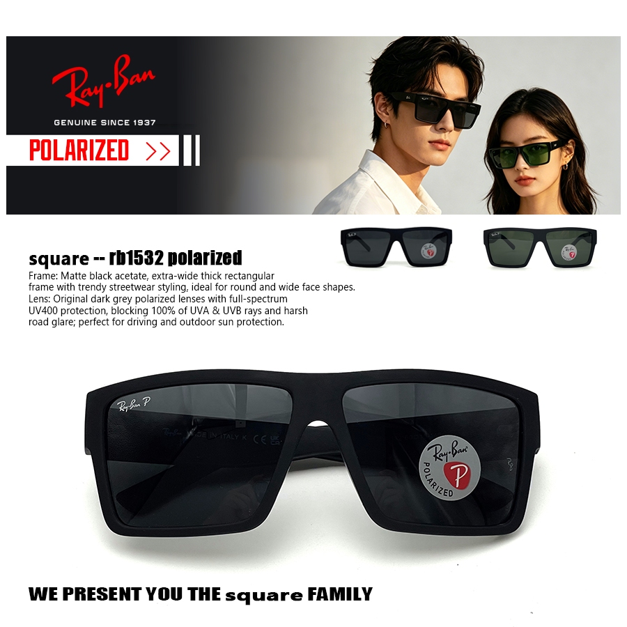 Asli kacamata hitam Ray-Ban square RB1532 lensa kaca pria dan wanita Original Black Green sunglasses
