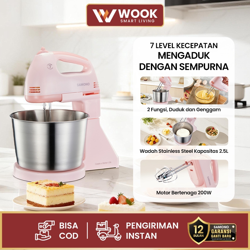SAMONO Stand Hand Mixer 2 in 1 200W 7 Kecepatan Wadah Stainless 2.5L Pengocok Ganda SUS Mode Duduk B