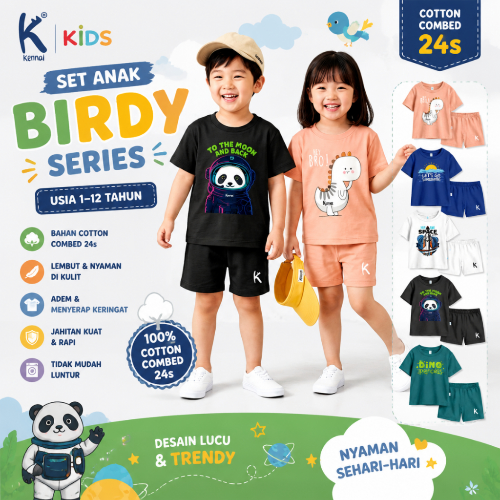 Setelan Anak Lengan Pendek PinxKids Steel Blue, Nyaman Dipakai Sehari-hari