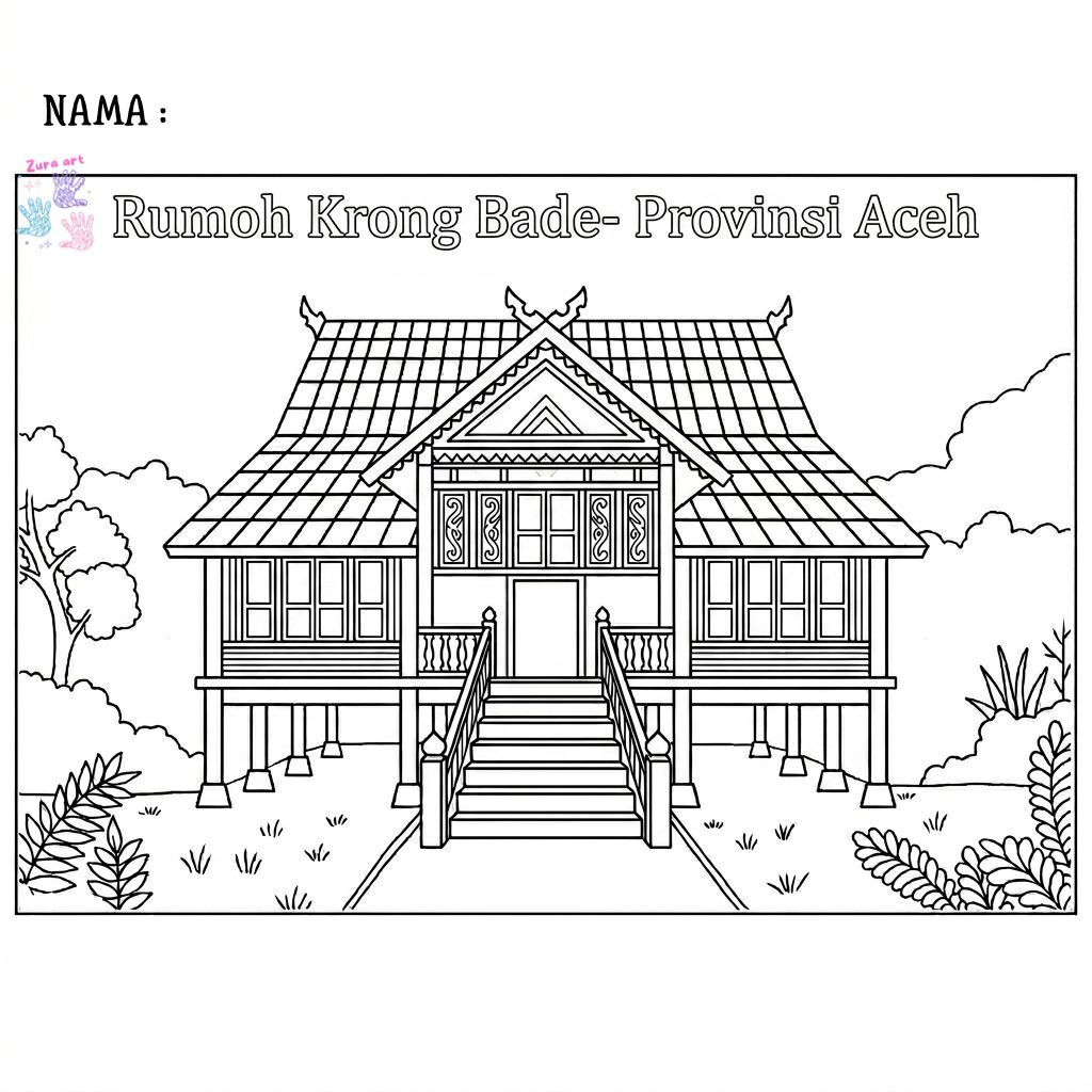 Rumah Adat Aceh-Krong Bade. Kertas gambar mewarnai Rumah adat