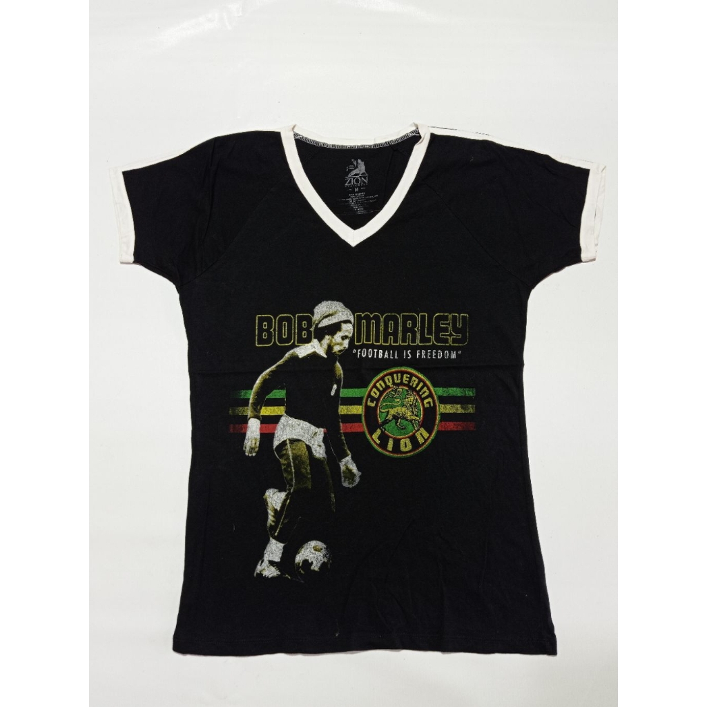 Kaos Singer Bob Marley Ringer Tee Official Merchandise ©2018 Warna Hitam Stripe Putih Size M Second 