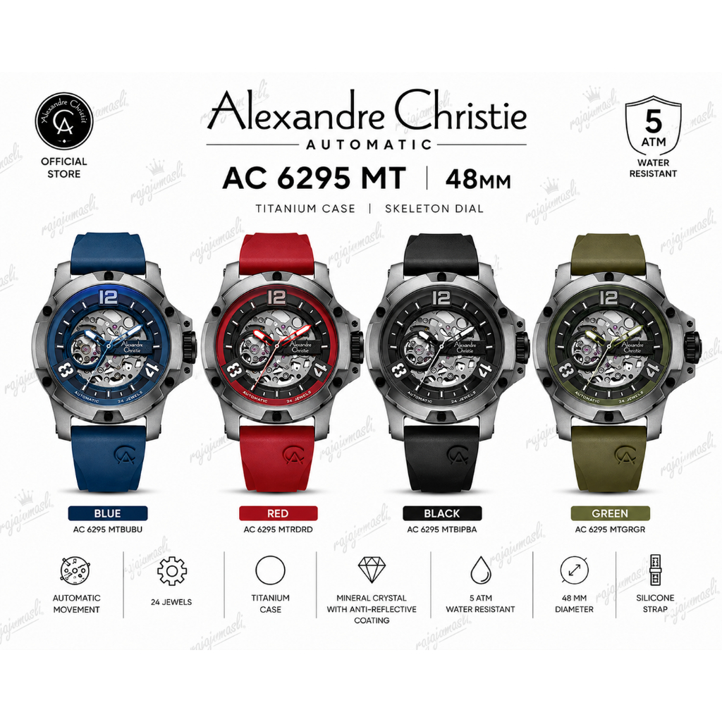Alexandre Christie Automatic AC 6295 MT Jam Tangan Pria Skeleton Titanium Case 47.5mm Rubber Strap 5