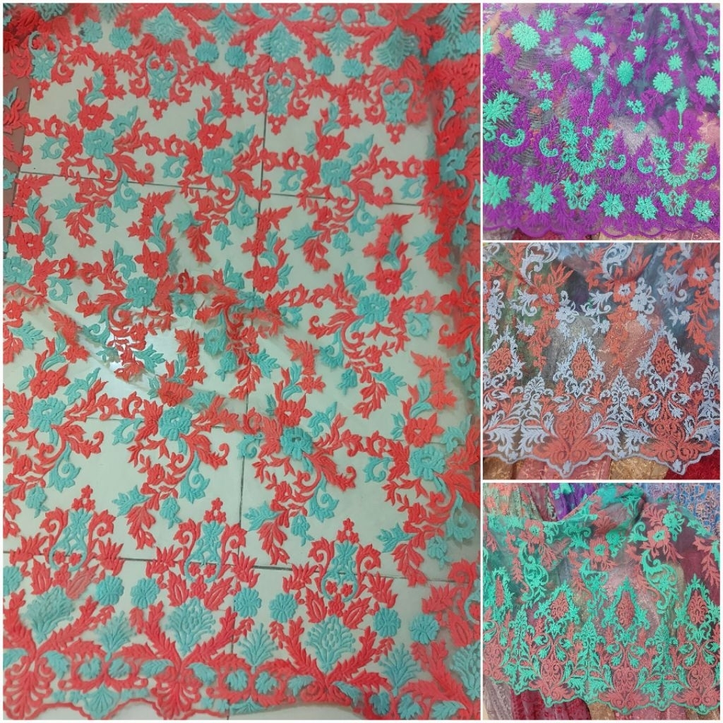 Kain bordir Premium  - kain tile bordir motif bunga timbul  - kain tile bordir meteran  - tb
