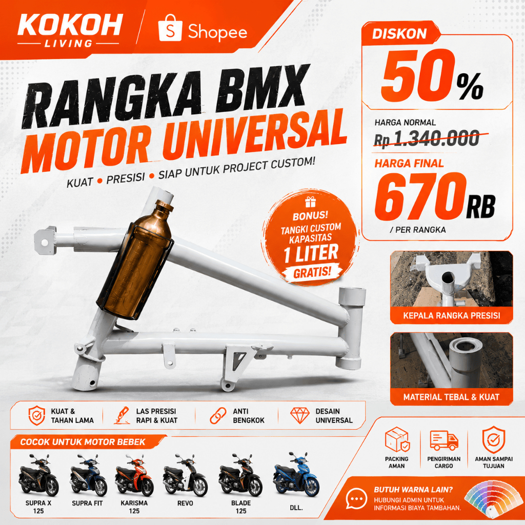 Rangka BMX Motor Universal Custom | Bonus Tangki 1 Liter | Supra Karisma Revo Blade
