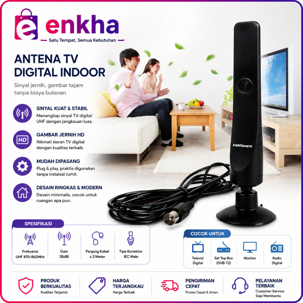 Antena TV Digital DVB-T2 Taffware EL0465 - Hitam, Gain Tinggi 16 dBi, Mudah Dipasang