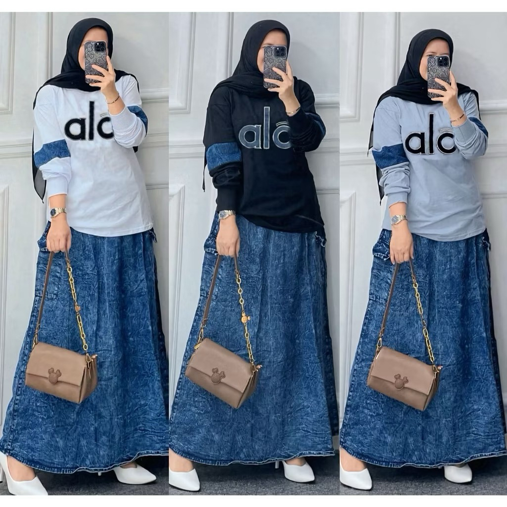 Hola Setrok Jeans Atasan Kaos Combed 24S Lengan Panjang, Rok Jeans Payung, Oneset Rok Wanita Dewasa