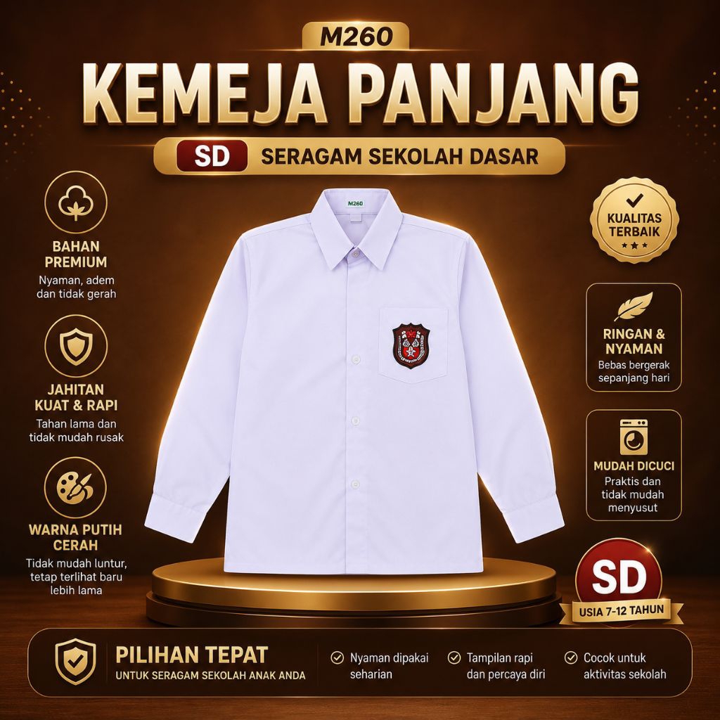 M260 l Kemeja Seragam Sekolah SD Putih Lengan Panjang – Seragam Sekolah Berkualitas, Nyaman & Rapi