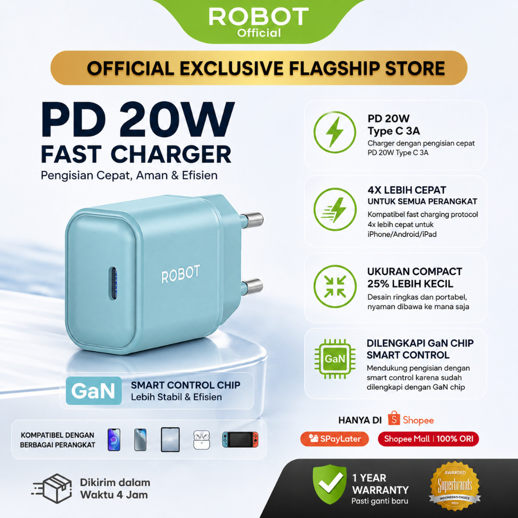 ROBOT Adaptor Kepala Charger iPhone 17 16 15 & Android GaN 20W PD Fast Charging Samsung with Kabel Type C RT-P20 Pro Original – Garansi 1 Tahun