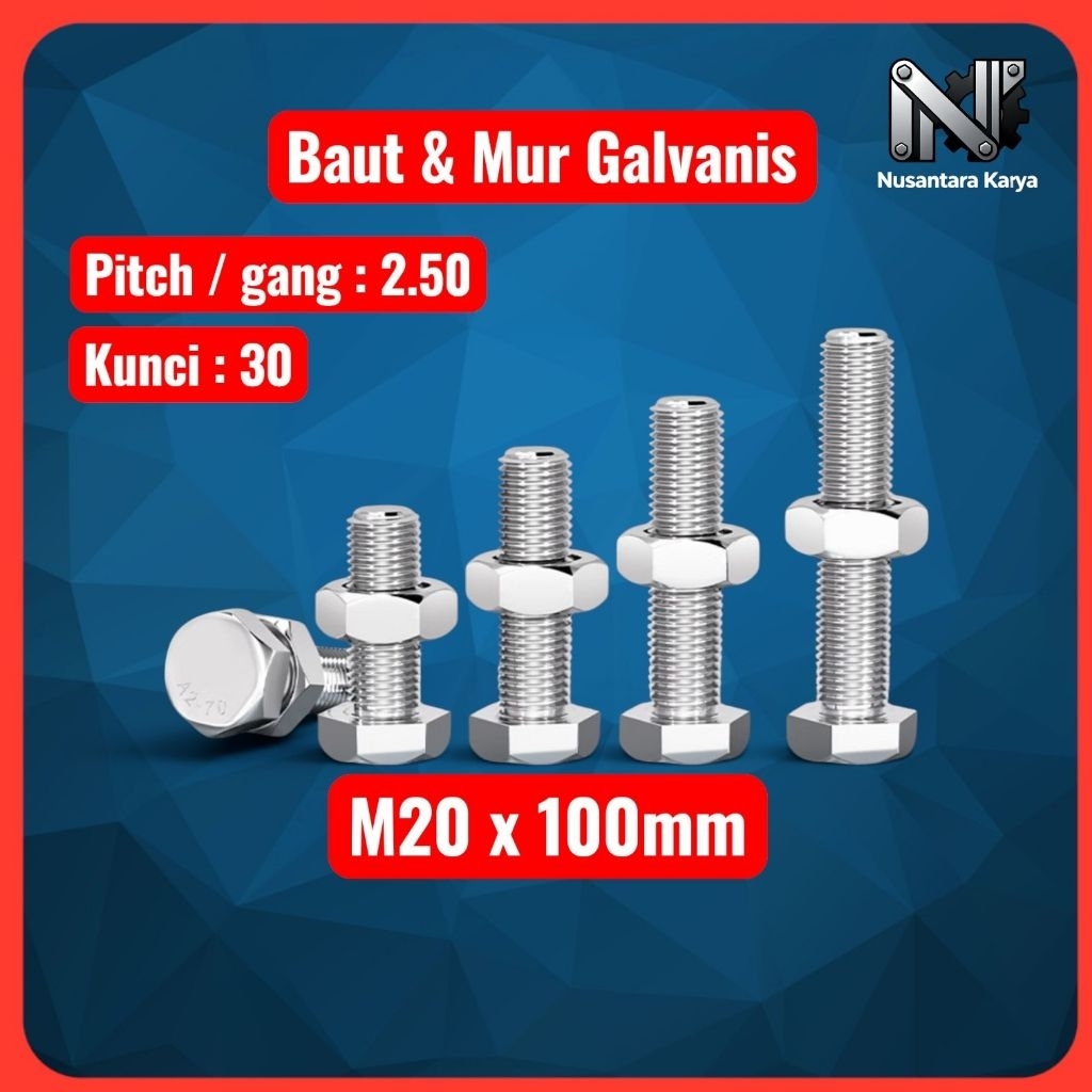 Baut mur Hex putih / Baut Mur Galvanis M20 x 100mm