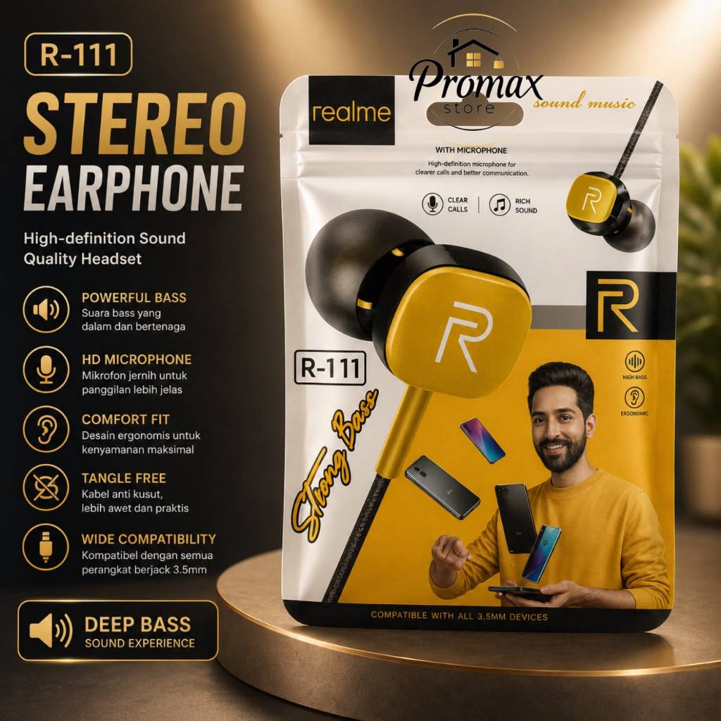 PM - Headset Realme R-111 Extra Bass Handsfree R111 + Mic Earphone Universal