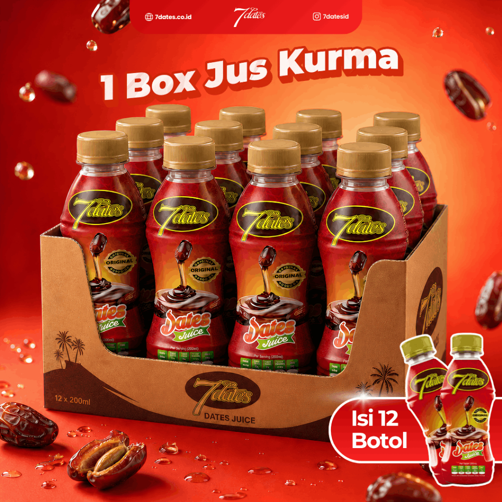 Jus Kurma 7Dates box isi 12 botol kemasan 200ml. 7Dates Sepcial Box isi 12 botol.