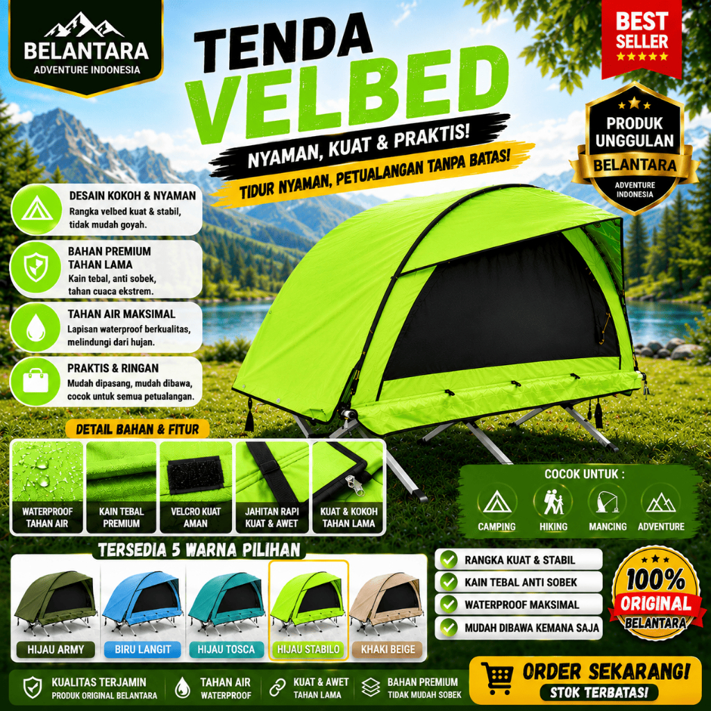 Tenda Velbed Hijau Stabilo single tent solo camping traveling offeoader kapasitas 1 orang siap pakai