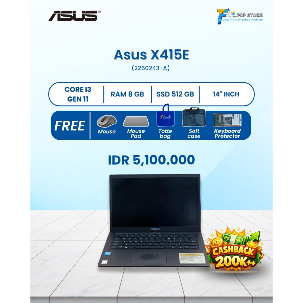 LAPTOP ASUS VIVOBOOK X415E | INTEL CORE I3 GEN 11| RAM 8GB SSD 512GB | SIAP PAKAI | NO MINUS