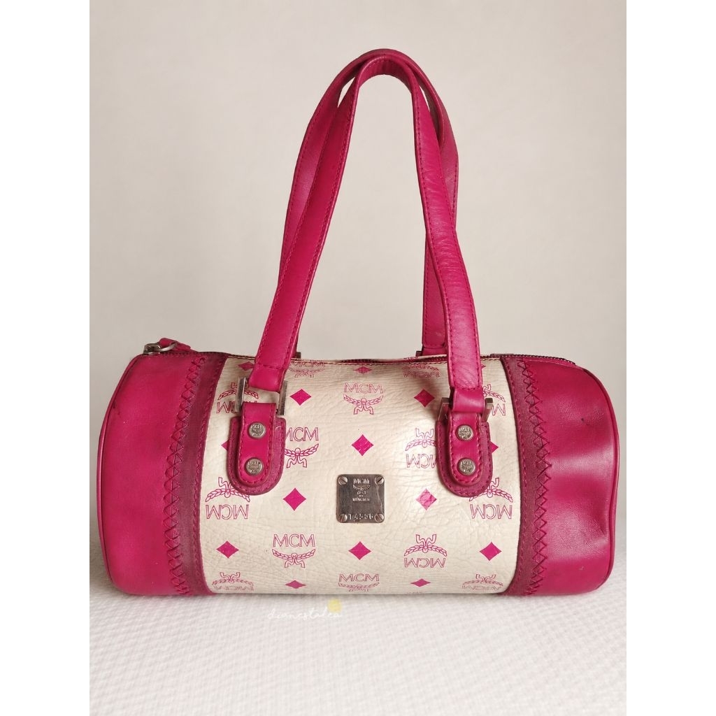 Vintage MCM Munchen Barrel Bag Pink White Rare Collectible